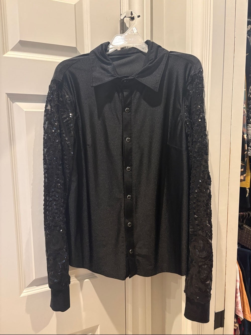 CB Branded Black Button-Up Shirt with Sequin Embellished lace Sleeves